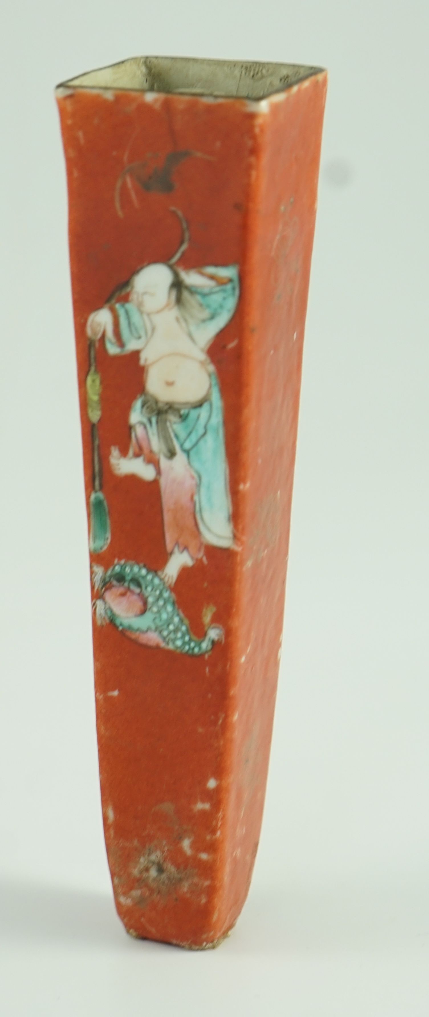 A Chinese coral ground incense stick holder, Jiaqing period 17.5cm high